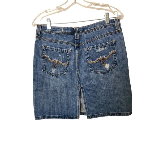 Lei Women's Blue Denim Skirt Distressed Pockets Embroidery Split in Back Y2K 7 - Picture 2 of 13